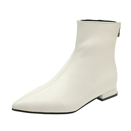 Fauean Ankle Boots for Women Fashion Leather Autumn Thick Sole Square Heels Pointed Toe Shoes White Size 39