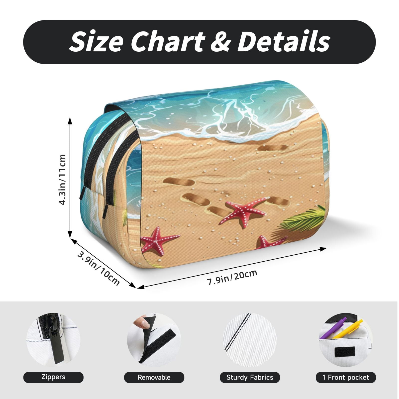 Rateoe Tropical Beach With Starfish Pattern Double Clamshell Pen Case, Storage Organizer with Two Zipper Compartments– Holds Up to 50 Pencils & Pens