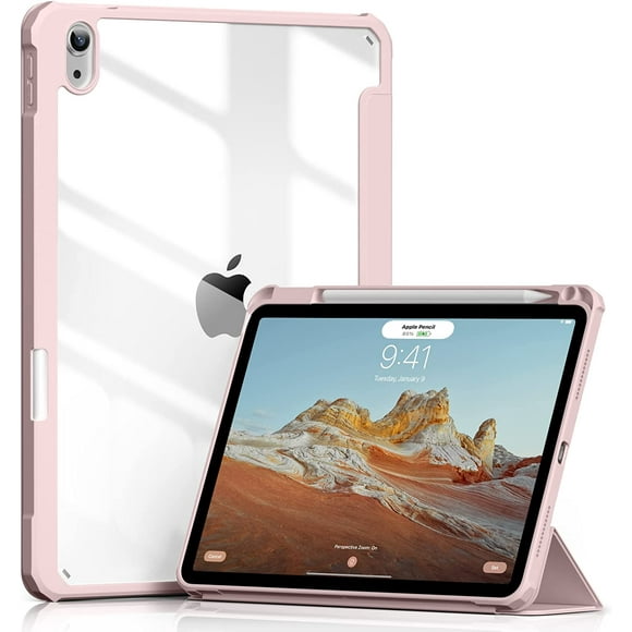 AmPm Case for iPad Air 5/4 (2022/2020 Generation 10.9-Inch) with Pencil Holder, Slim Trifold Stand Case with Clear Transparent Back Shell Cover, Auto Sleep/Wake for iPad Air 5/4 Case, Black