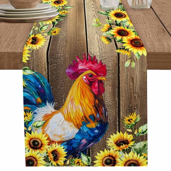 nqOlkjepod Farmhouse Rooster Table Runner 108 Inches Long Farmhouse Dress Scarves, Retro Botanical Sunflower Floral Wood Dining Tablerunner for Coffee Table/Kitchen Island/Party Décor, 13" x 108"