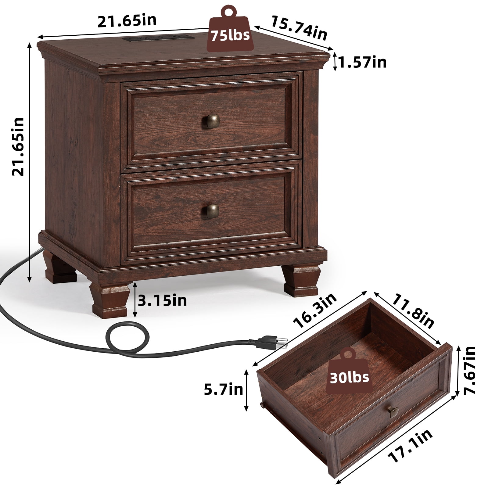 Buildhom Farmhouse Nightstand with Charging Station, 2-Drawer Rustic End Table with Solid Wood Legs for Bedroom, Walnut