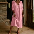 thumbnail image 5 of FDGIU Women's V Neck 3/4 Sleeve High Waist Gathered Pocket Loose Flowy Linen Midi Dress, Boho Beach Vacation Casual Home Lounge Swing Long Dresses, 5 of 6