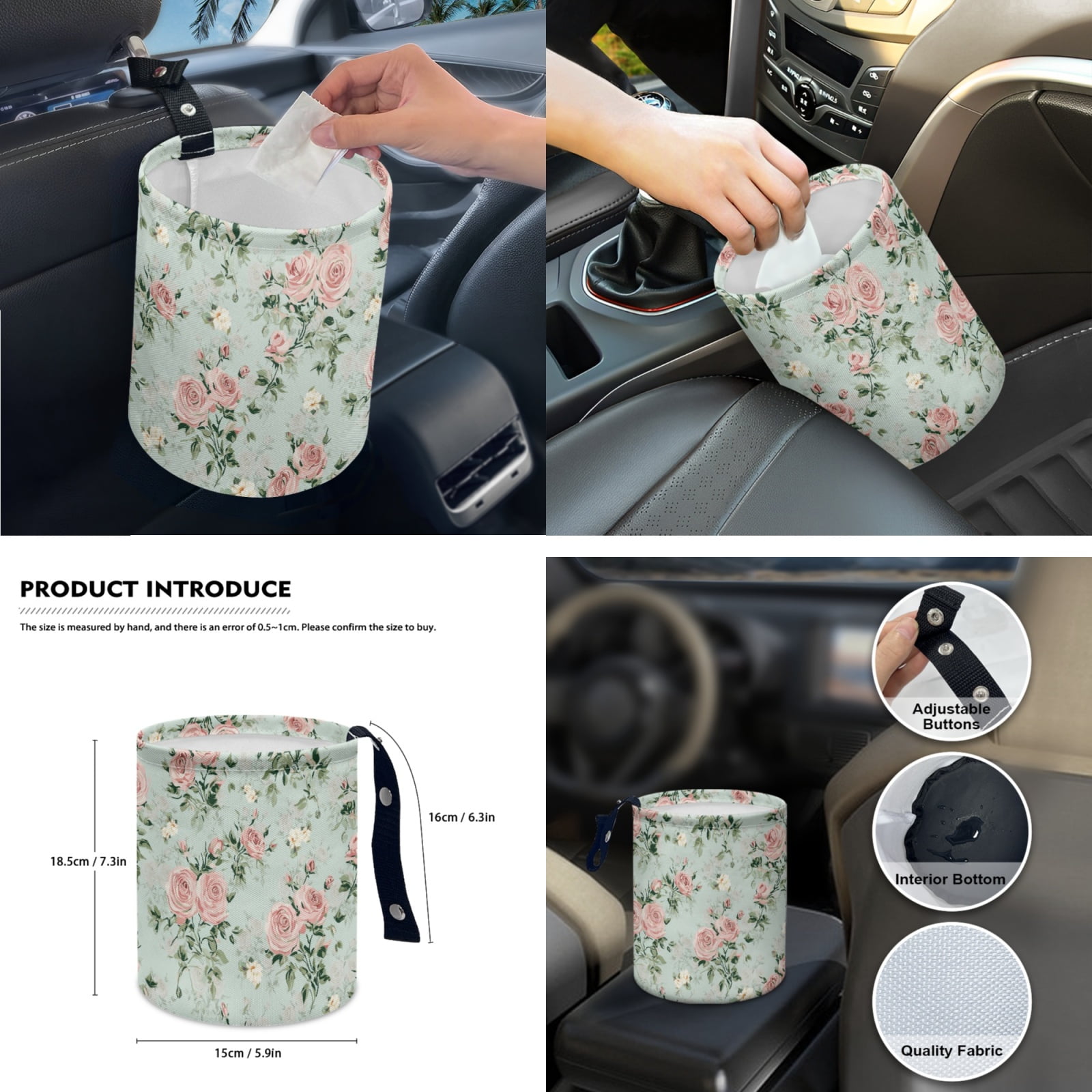 Yuyamidu 14 Piece Pink Rose Car Seat Cover Set with Steering Wheel Cover Green Seat Belt Strap Cover Garbage Bin Armrest Cover Rearview Mirror Cover Coaster Gear Shift Knob Cover Set for Women