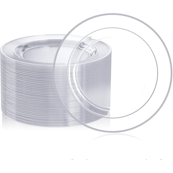 100 Clear Silver Plastic Plates 10 Inch, Disposable Clear Plates with Silver Rim, Premium Hard Plastic Plate Fancy Disposable Dinner Plate for Wedding Parties