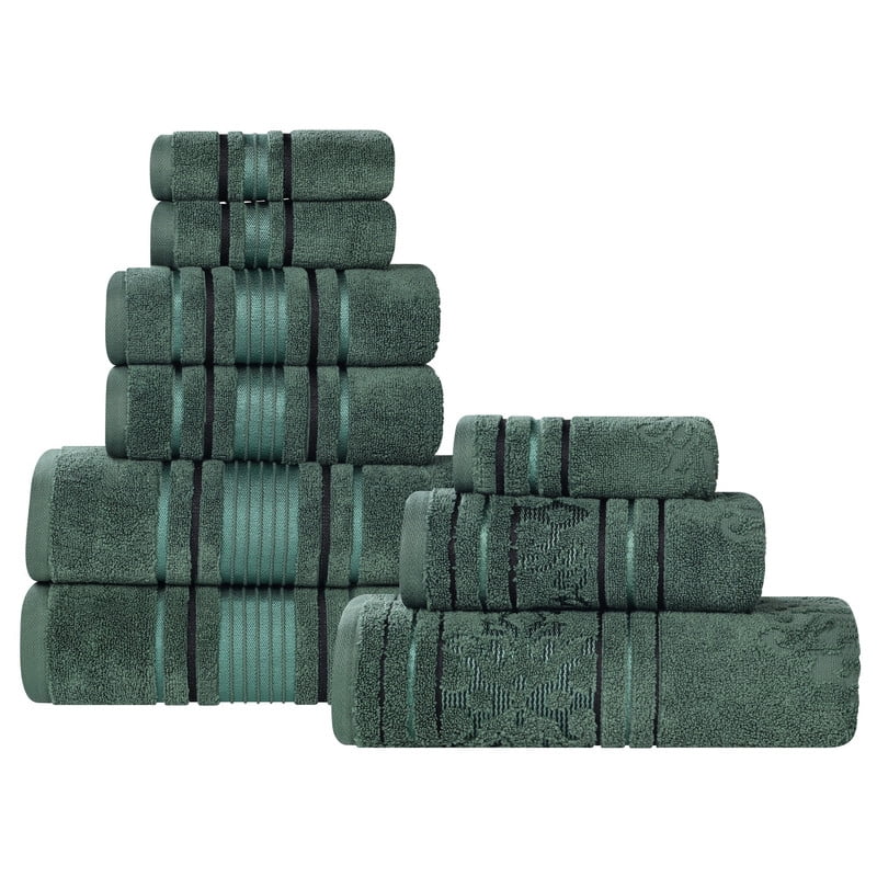Superior Sadie Zero Twist Cotton Floral 9 Piece Towel Set, Forest Green