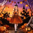thumbnail image 2 of xaweyi Girls Halloween Pumpkin Witch Tutu Costume Sleeveless Spider Print Mesh Dress with Witch Hat Headband, 2 of 9
