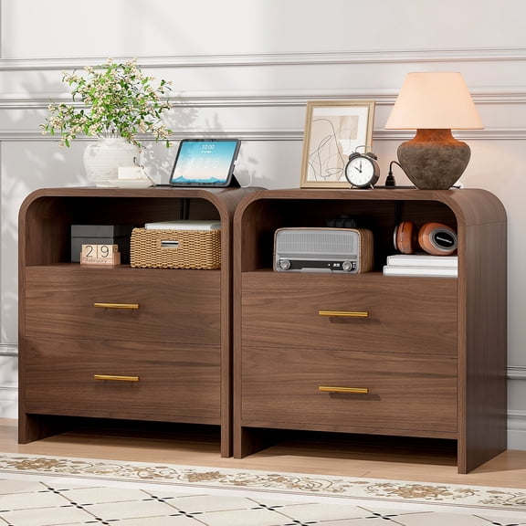 2 Drawers Nightstand Set of 2, Mid Century Modern Bedside Tables With Charging Station, 23.6'' Wide Wood End Table For Bedroom, Curved Profile Design, Walnut