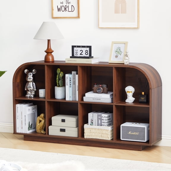 Weselon 55" Long Curved Horizontal Bookcase with 8-Cube Storage, Mid-Century Modern Low Bookshelf Storage Cabinet for Living Room, Entryway, Walnut