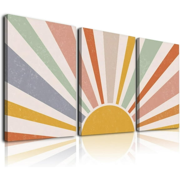 Framed Canvas Wall Art Prints Rainbow Sun Rising on Horizon,Abstract Sun Wall Art Bedroom Abstract Geometric Line Art Boho Wall Decor Living Room Office Bathroom Decor Wall Art,12"x16"x3