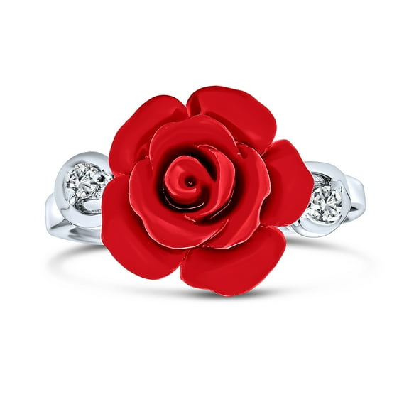 Bling Jewelry Womens Romantic CZ Accent Flower 3D Red Rose Statement Ring .925 Sterling Silver