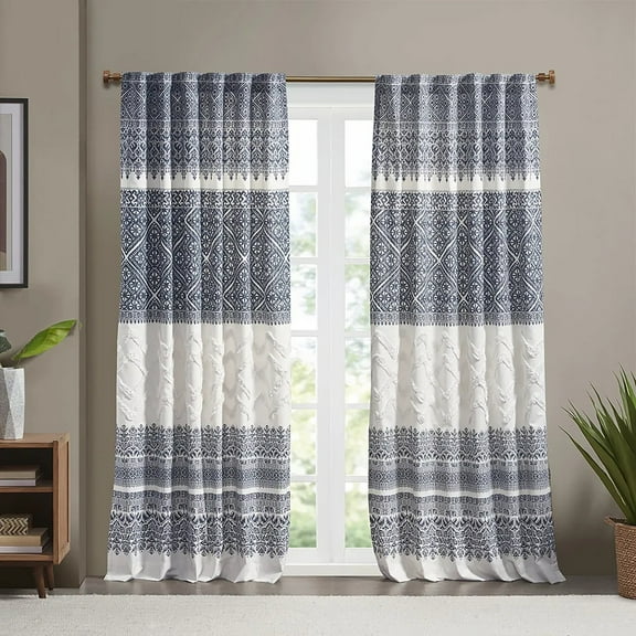 Cotton Printed Curtain Fabric with Chenille Stripes and Lining, 50x84 inches (Only 1 Pc Panel)