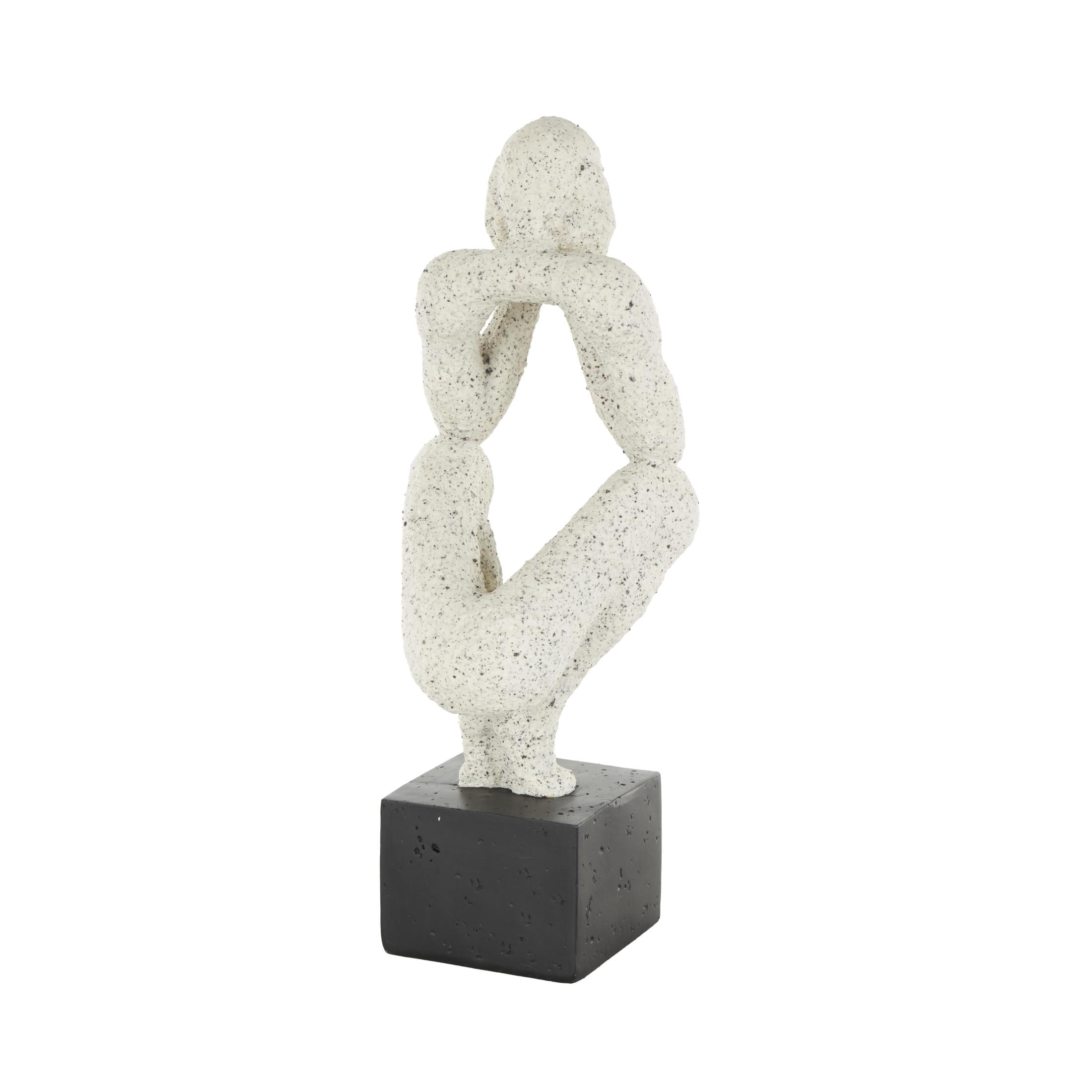 6" x 16" Cream Polystone Crouching People Sculpture with Black Square Base, by DecMode