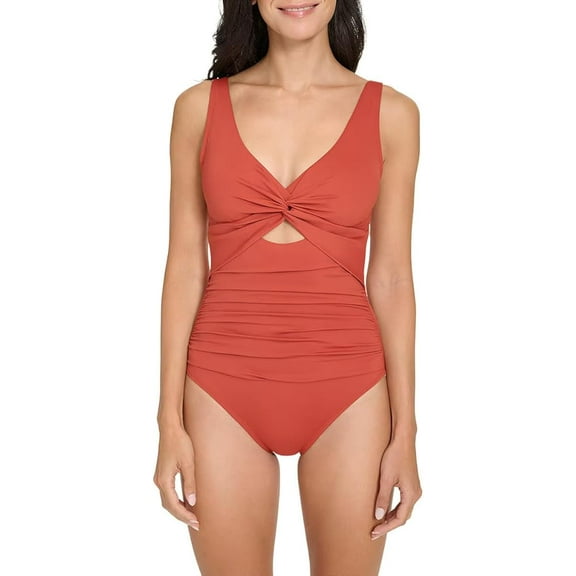DKNY Women's Twist One Piece Ruched Swimsuit, Red Terracotta, XL