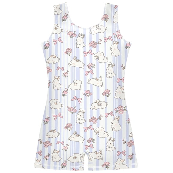 Gymnastics Leotard Sleeveless Rabbit with Blue and White Stripes Stretchy Dance Bodysuit Breathable Athletic Ballet Yoga Outfit for Ages 3-14