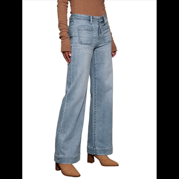 Women'S Wide Leg Jeans High Waisted Straight Stretchy Denim Pants with Pockets Light Blue L