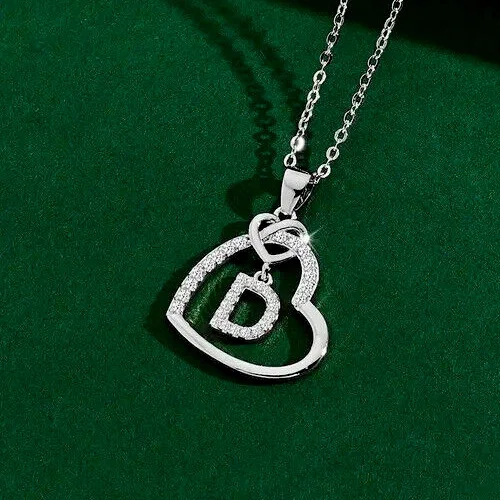 1Ct Round Cut Moissanite Heart Initial "D" Letter Pendant 14k White Gold Plated