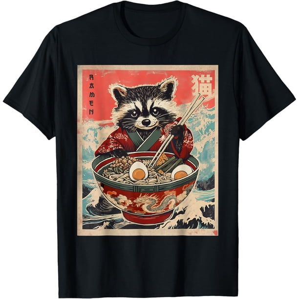 Camiseta de anime de mapache para comer ramen de fideos japoneses