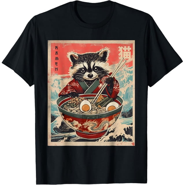 Camiseta de anime de mapache para comer ramen de fideos japoneses