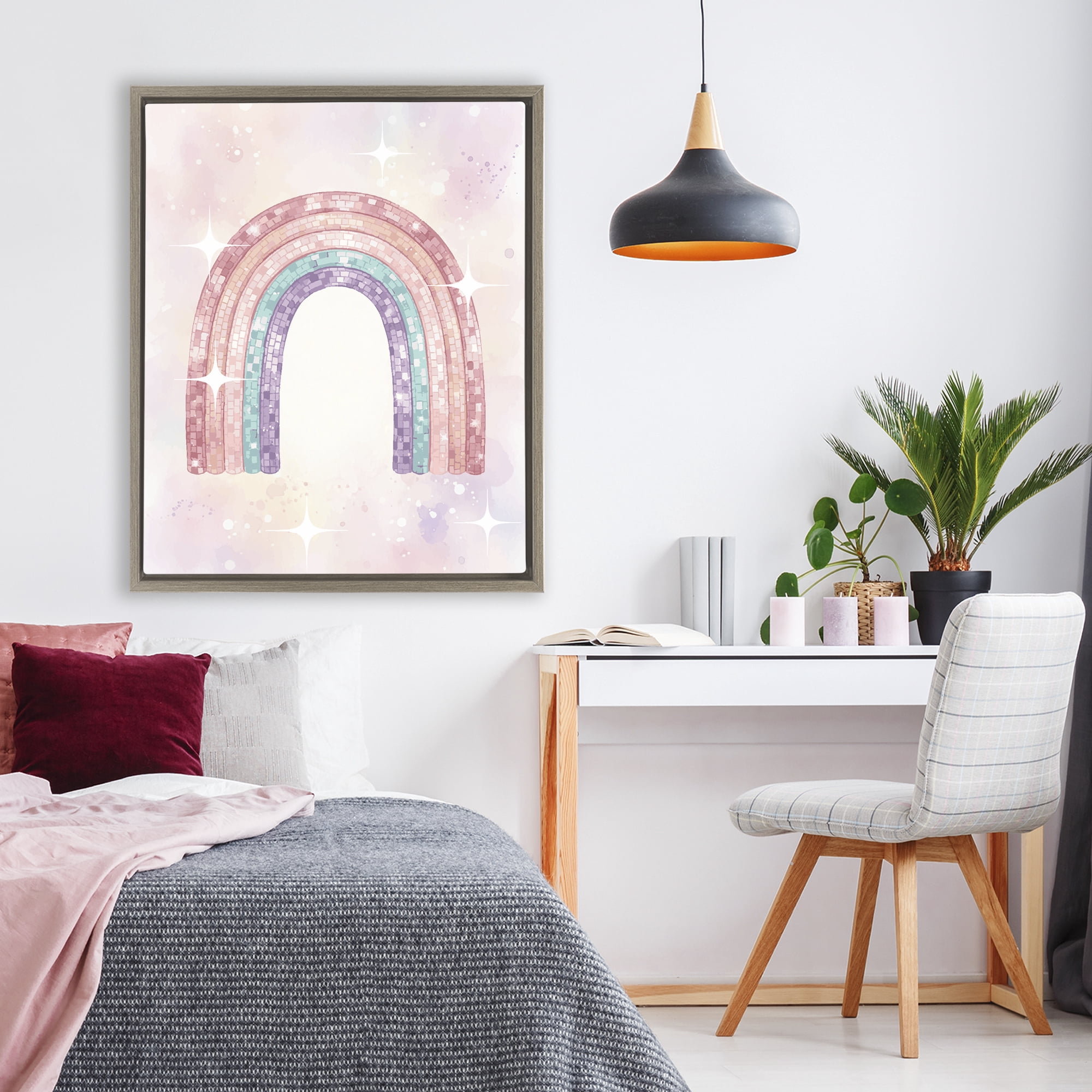 Stupell Industries Pastel Disco Rainbow Sparkles Brown Framed Floater Canvas Wall Art, design by Lil' Rue