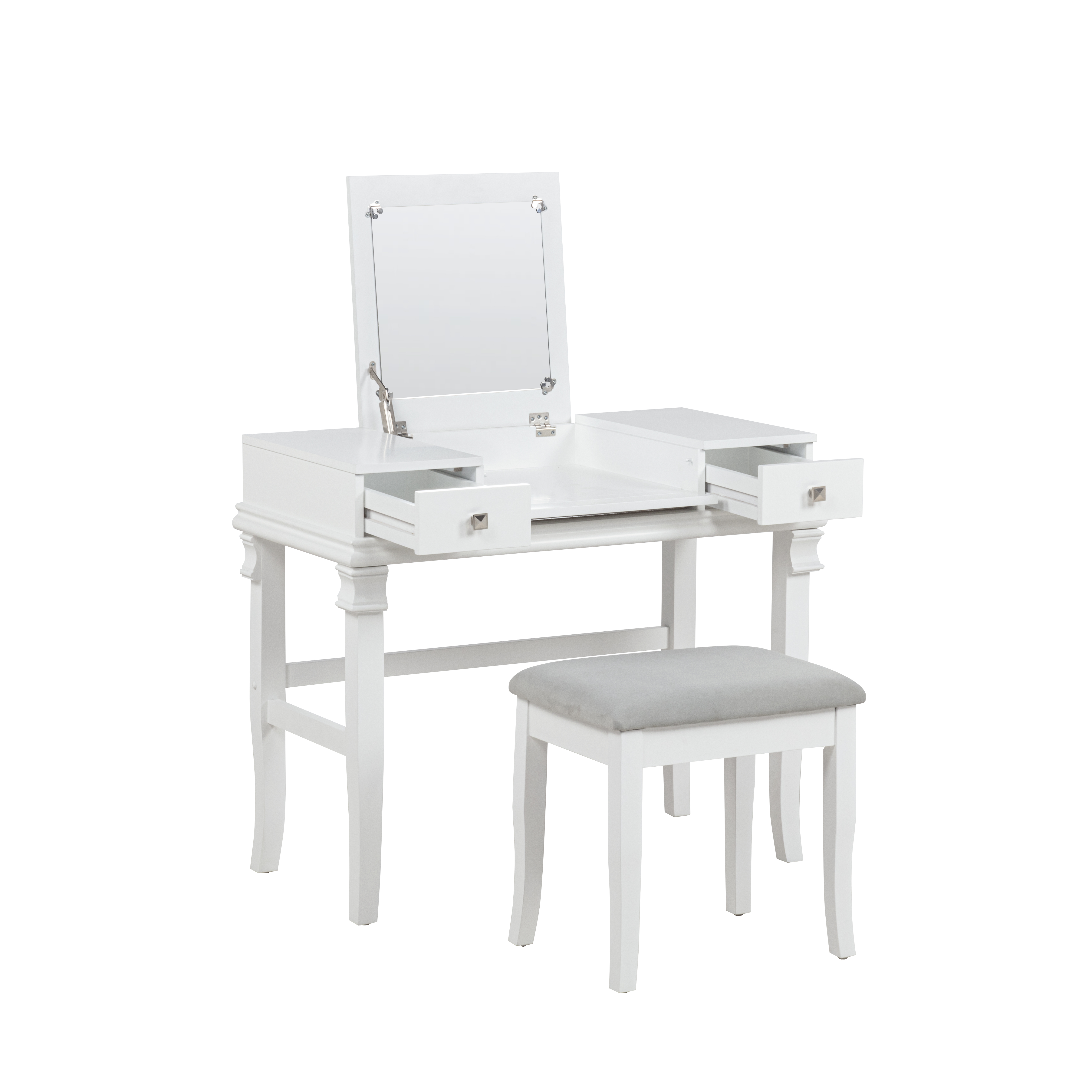 Linon Morton 2-Piece Vanity Set with Flip-Top Mirror and Upholstered Stool, White & Gray