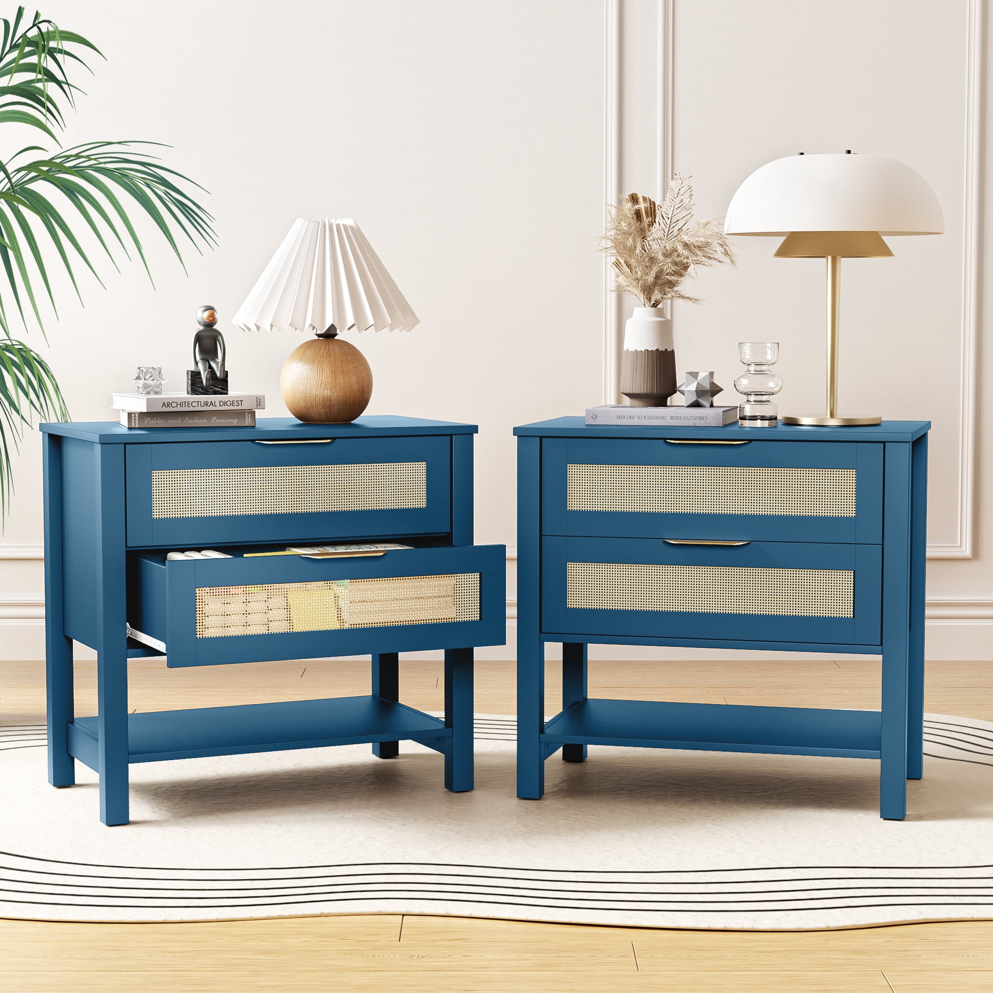 Rattan Nightstand with 2 Drawers and Storage Shelf Boho Bedside Narrow Side Table for Bedroom