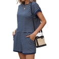 thumbnail image 5 of Short Sleeve Stripe Print Women 2 Pieces Lounge Sets Tops and Shorts Pants Sets, 5 of 6