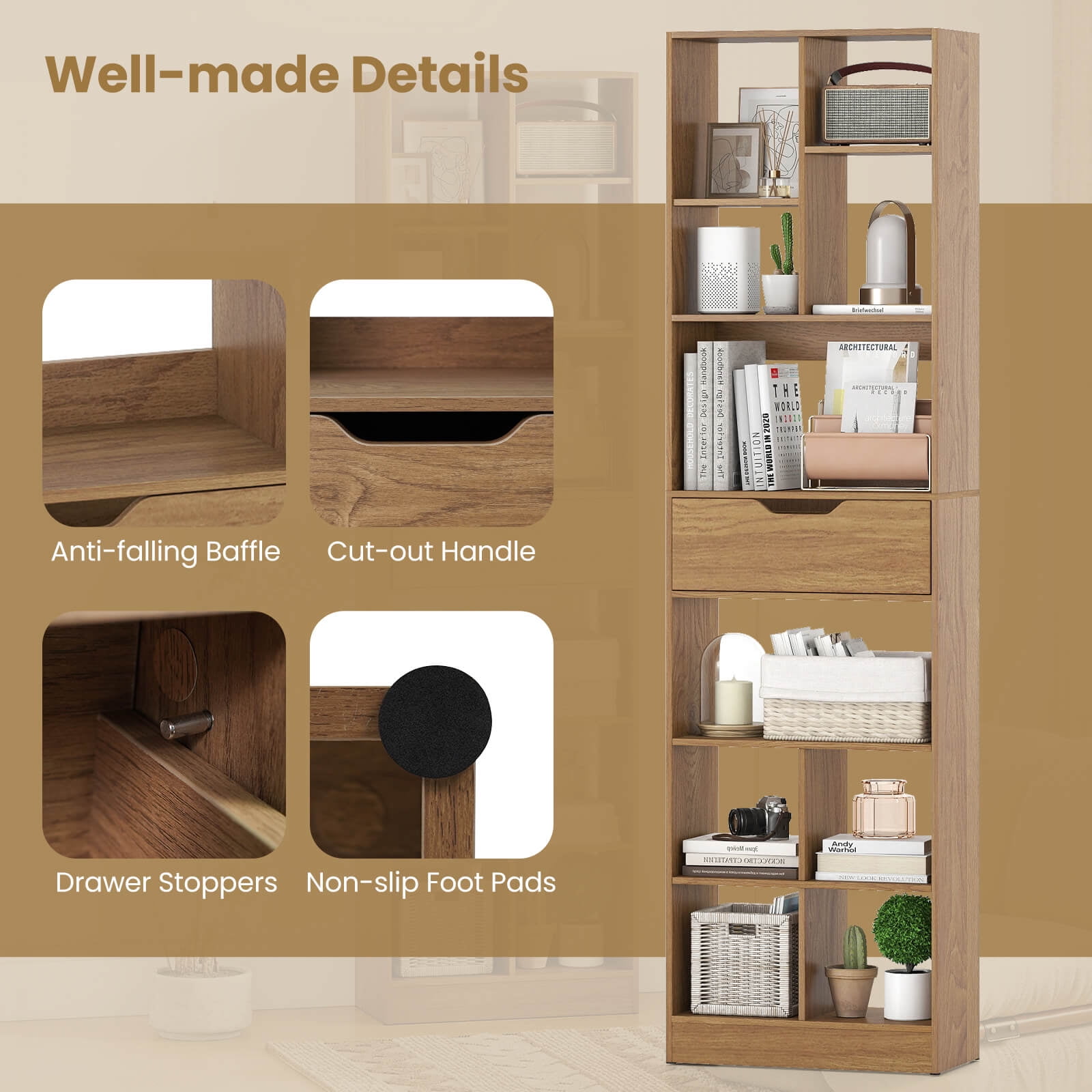 Costway 2 PCS 71” Bookcase with Drawer 10 Open Cubes Anti-toppling Kits for Living Room Natural