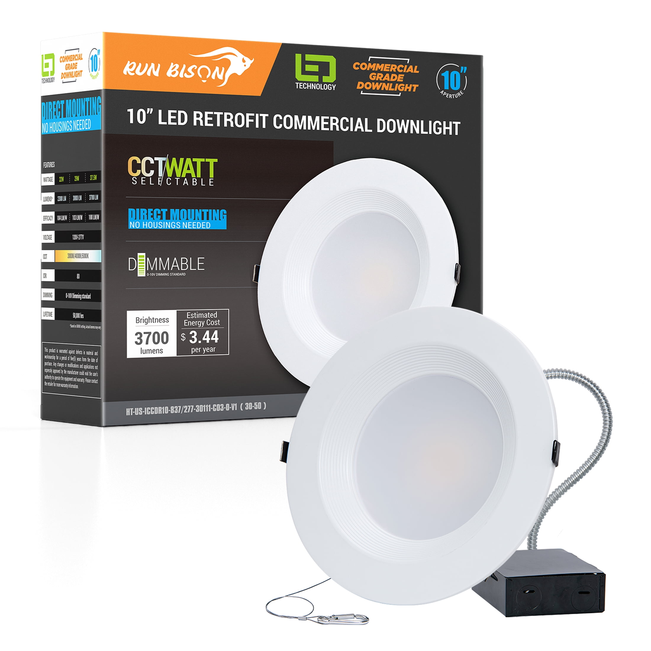 Run Bison 10 Inch Recessed LED Commercial Downlight with J-Box, Wattage Adjustable 27/29/37.5W,3 Color Selectable 3000K-5000K, 120-277V, Dimmable, IC Rated,Canless LED Downlight,UL & Energy Star