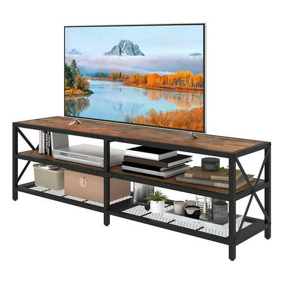 TV Stand for 75 Inch TVs, Industrial Entertainment Center with 3 Tier Shelves, Rustic Brown