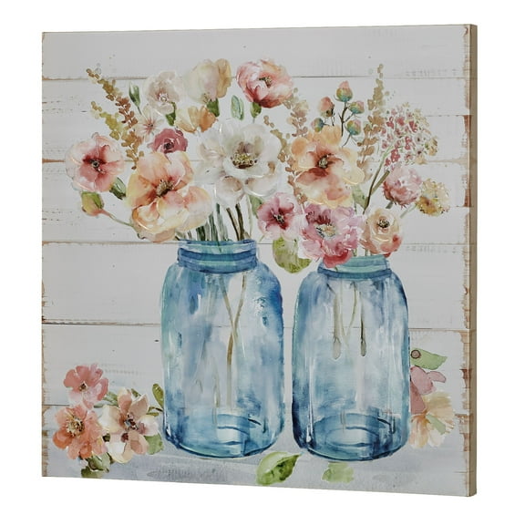 Summer Daydream Floral Jar Canvas Wall Art Blue And Peach Tones 32” Square