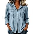 thumbnail image 5 of Women's Hooded Denim Shacket Oversized Button Down Long Sleeve Hoodie Jacket with Pockets Relaxed Fit Casual Coat for Daily Commute Weekend Outings, 5 of 9
