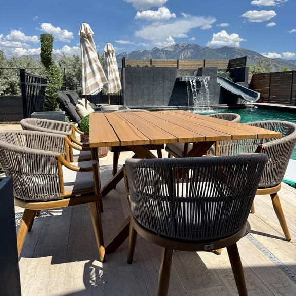 PURPLE LEAF OUTDOOR 7 Pieces Outdoor Dining Set All Weather Wicker Patio Dining Set with Rectangular Aluminum Table and Modern Armrest Dining Chairs for Garden Deck Backyard Kitchen, Teak