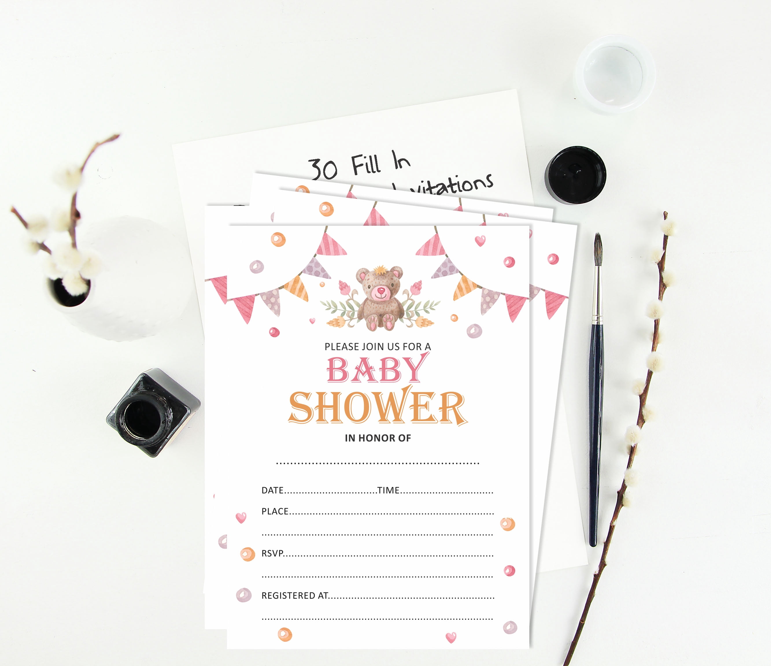 Inkdotpot 30Teddy Bear Baby Shower Invitation Cards Gender Neutral Fill In Blank Invites