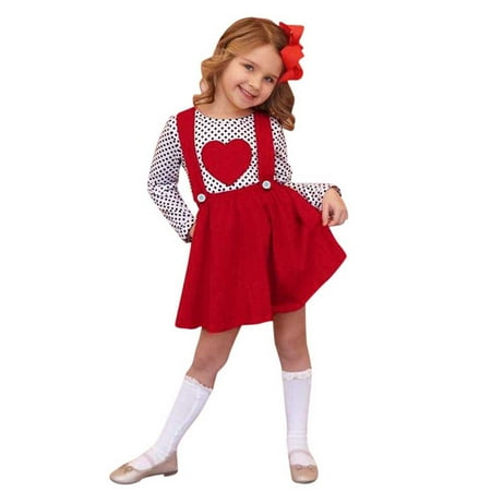 

Toddler Baby Girls Valentine s Day Dot Heart Printed T Shirts Tops Suspenders Skirts Outfits