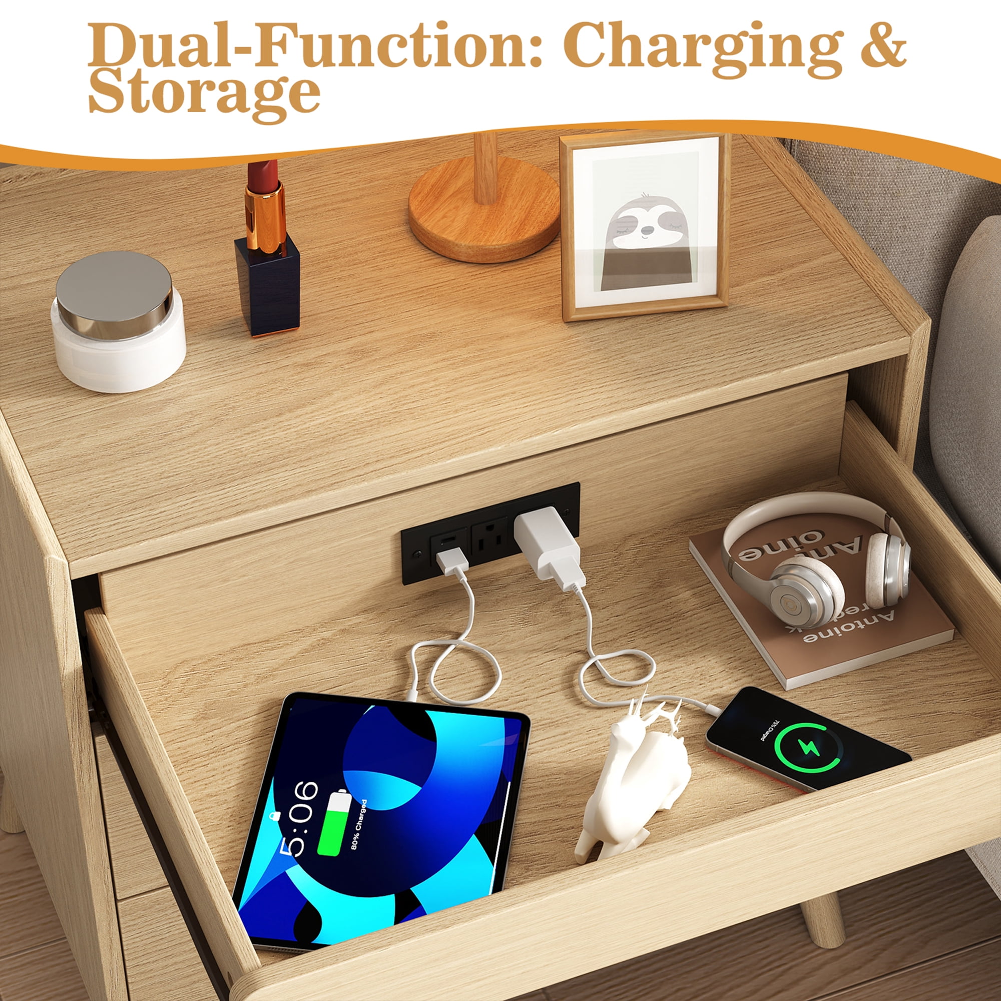IDEALSOUL Nightstand Set of 2, 24 inch End Side Table with Hidden Charging Station, Large Wooden Night Stand for Bedroom Furniture(2pcs, Wood color)