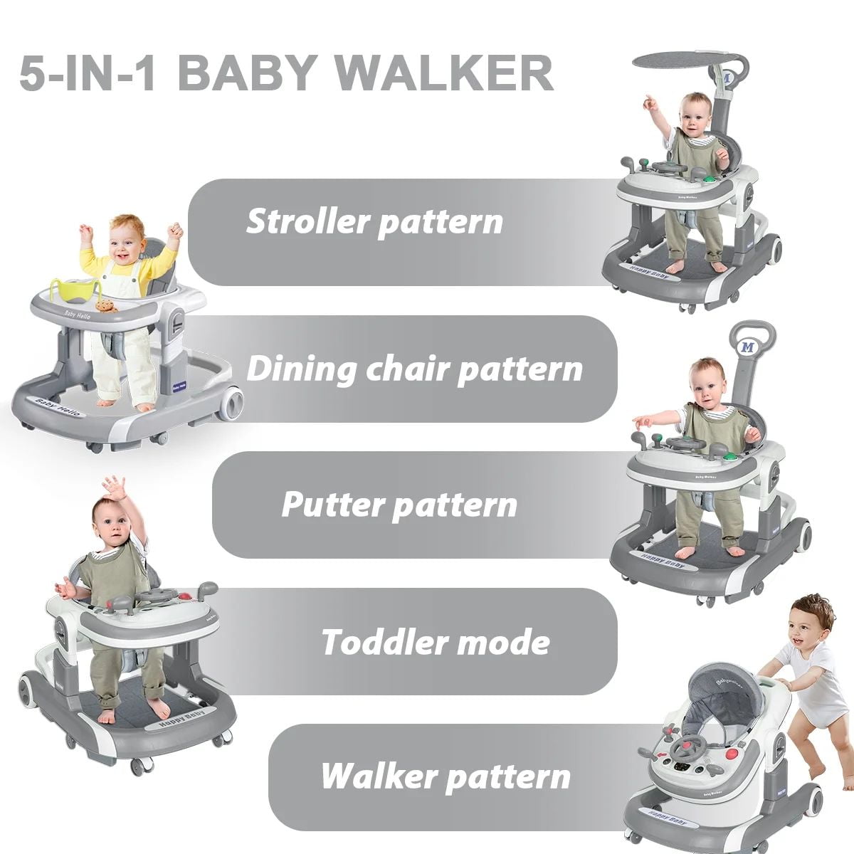 HENG Co. 5-in-1 Foldable Baby Walker with Foot Pads & Handles for Boys and Girls 6-24 Months, Gray