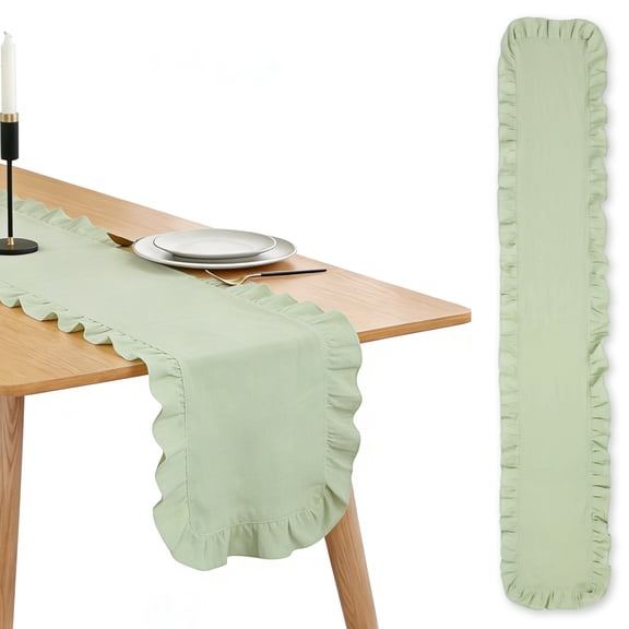 FYJUCPA Pink Ruffled Table Runner, 71 Inch Cotton Scalloped Table Runner Washable Farmhouse Kitchen Decoration for Wedding Bride Shower