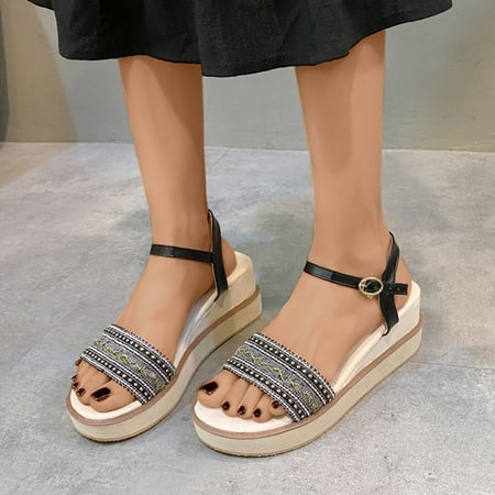 

symoid Womens Comfortable Wedge Sandals- Wide Width Band Platform Wedge Buckle Clearance Black Dressy Slide Sandals for Women Size 6