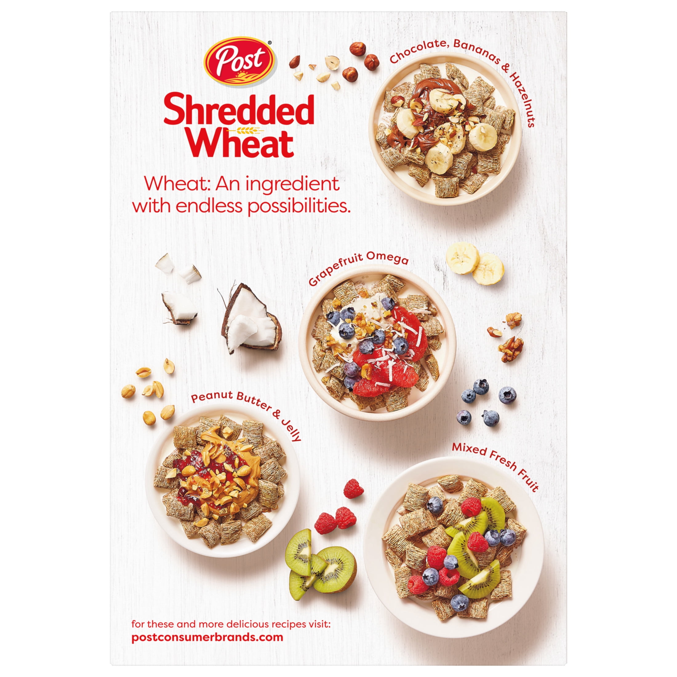 (8 pack) Post Wheat n Bran Shredded Wheat, High Fiber Breakfast Cereal, Certified Kosher, Crunchy 18 oz Box
