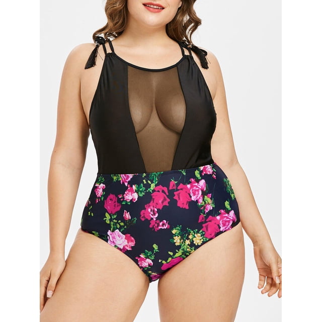 Traje de Baño Talla Extra Una Pieza Panel Malla Transparente Estampado Floral Rosegal Camisetas tallas grandes