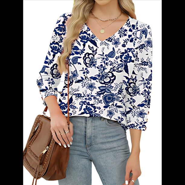 Blusas de 3/4 con Botones y Cuello en V para Mujer, Ropa Informal de Verano para Vacaciones de Playa, Ropa de Otoño 2025 Estampado Verde M