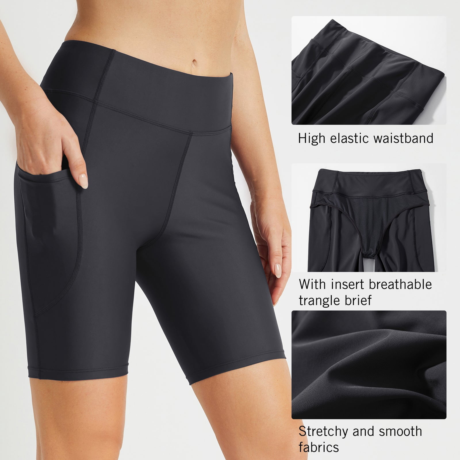 Baleaf Women's 8 High Waisted Swim Shorts Bottoms Tummy Control Rash Guard Shorts with Pockets Long Swimsuits UPF 50+ Black XL
