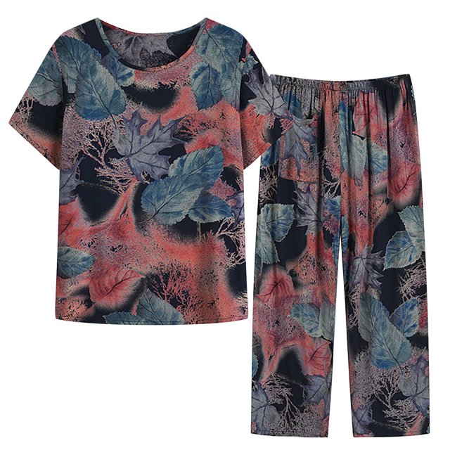 Mefallenssiah Women'S Summer Two Piece Set Short Sleeve Round Neck Printed top Pants Set Pajama Set