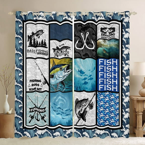 Manfei Hunting and Fishing Black Out Curtains for Kids, Rustic Pink Fish Curtains Pack of 2 (42x63 Each), Blue Patchwork Plaid Bedroom Curtains, Curtains and Drapes Bedroom Decor