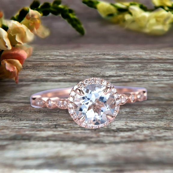 1.75 Carat Wedding Ring Aquamarine Engagement Ring 6mm Round Cut Art Deco 10k Rose Gold Halo Design Anniversary Gift Personalized for Brides