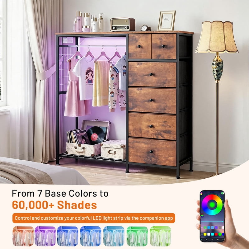 Simenmax 6-Drawer Storage Closet with LED Lights & Charging Station, 49.2" Wide Wooden Wardrobe Rack with Fabric Bins,Portable Clothing Organizer for Bedroom, Entryway, Brown
