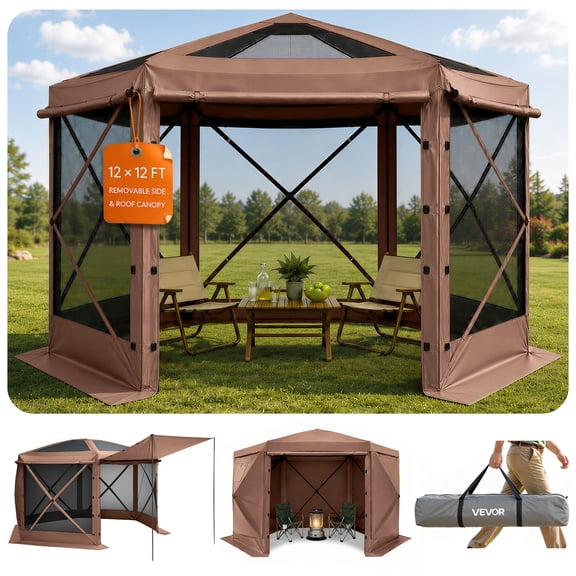 Pop up Gazebo Screen Tent, 12 x 12 ft Large 6-Sided Camping Canopy Tent with Removable Top & Carry Bag, Quick-Set & Bite-Proof, Screen House Sun Shelter for 8-10 Persons Backyard Patio, Brown