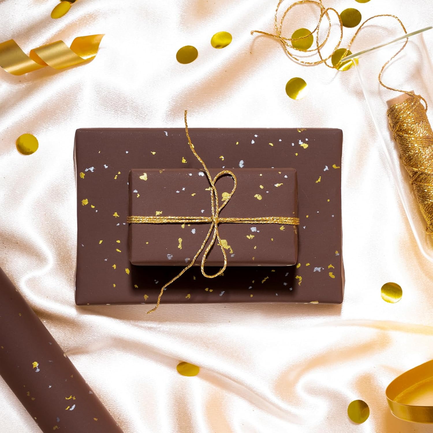 30 Inch Jumbo Chocolate Brown Wrapping Paper Roll - 30 Inch x 16.5 Feet - Chocolate Brown Gold Design with Silky Touch Perfect for Birthday, Holiday, Wedding, Baby Shower