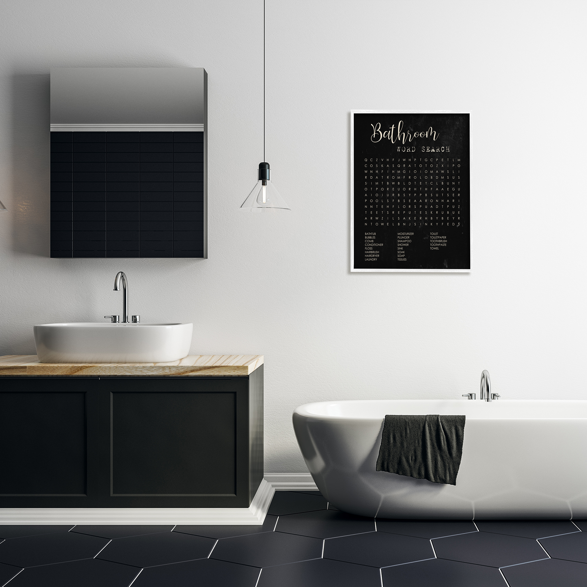 Stupell Industries Bathroom Word Search Activity over Distressed Black, 24 x 30,Design by Daphne Polselli