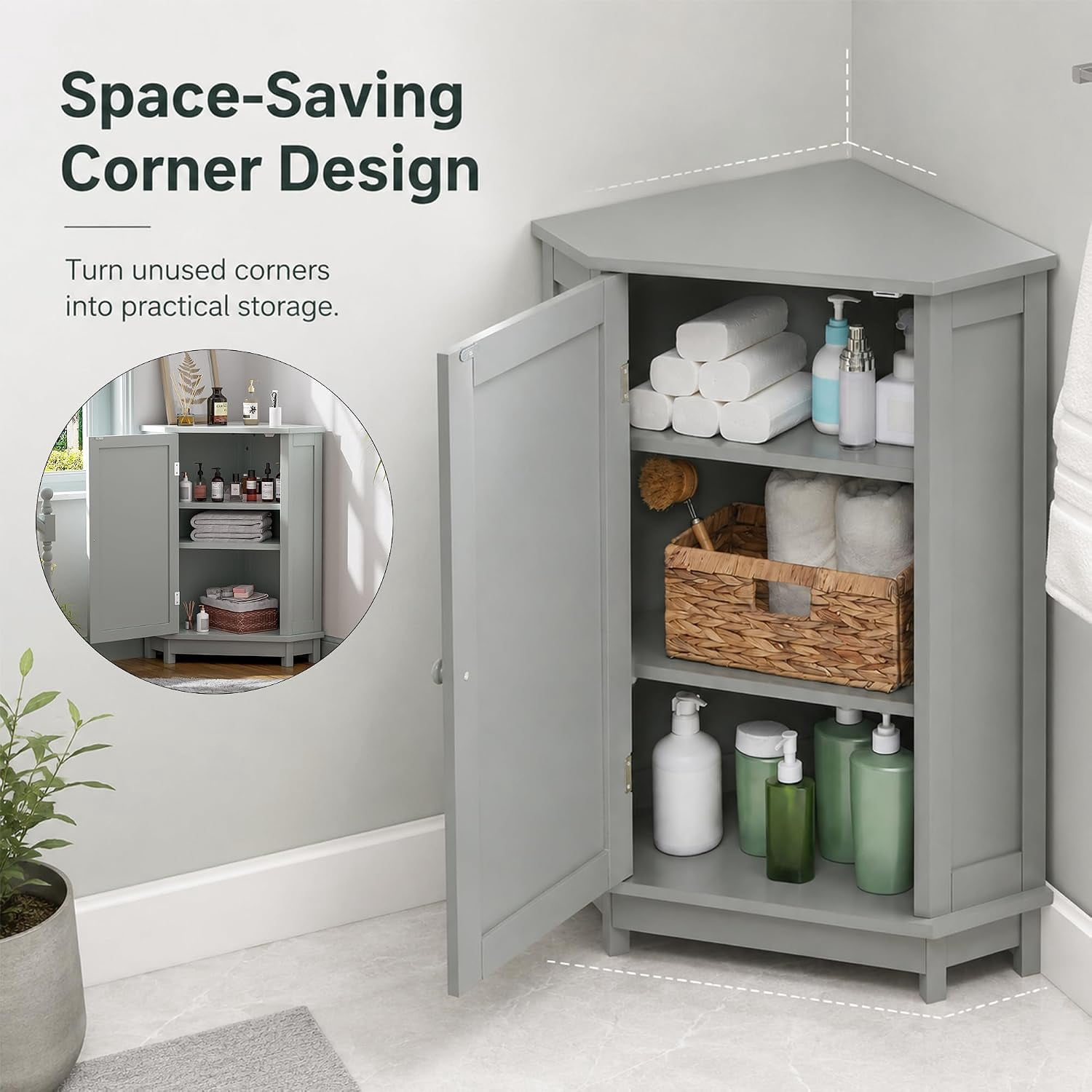 31" Corner Storage Cabinet, Wood Freestanding Triangle Floor Cabinet with Door & Shelves, Grey